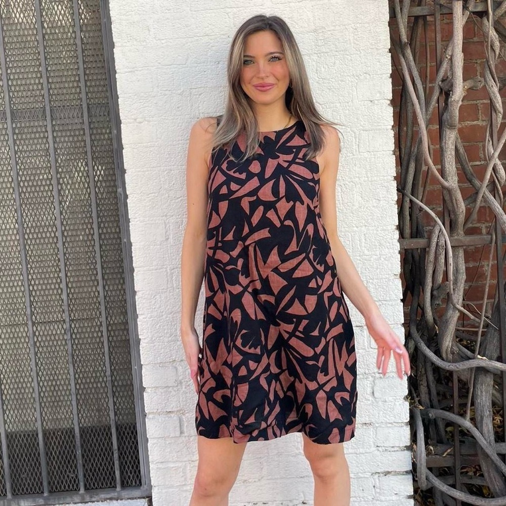 A new day brown and black geometric shape linen boho shift dress sz s - Picture 1 of 6